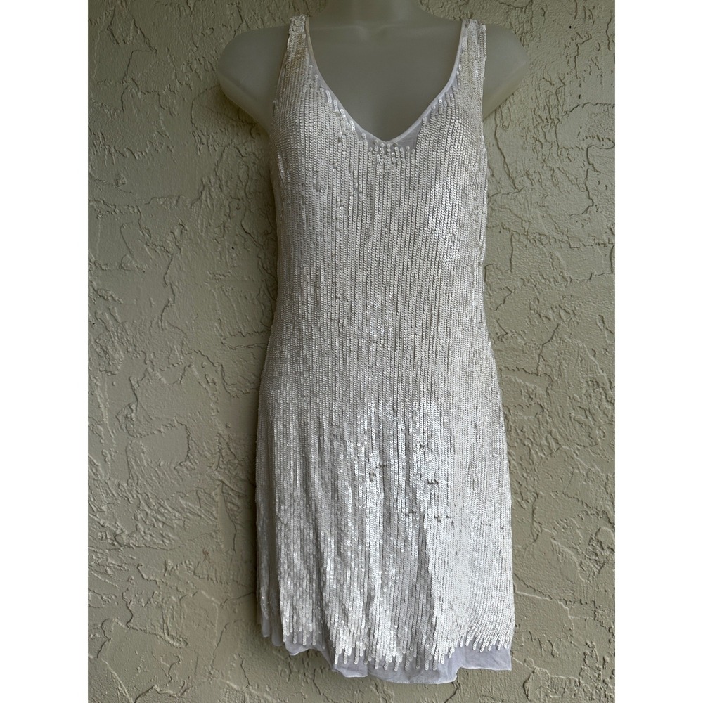 Vtg Y2K Silk Sequin Mini Dress Sleeveless Cocktail Party Shimmer White Small
